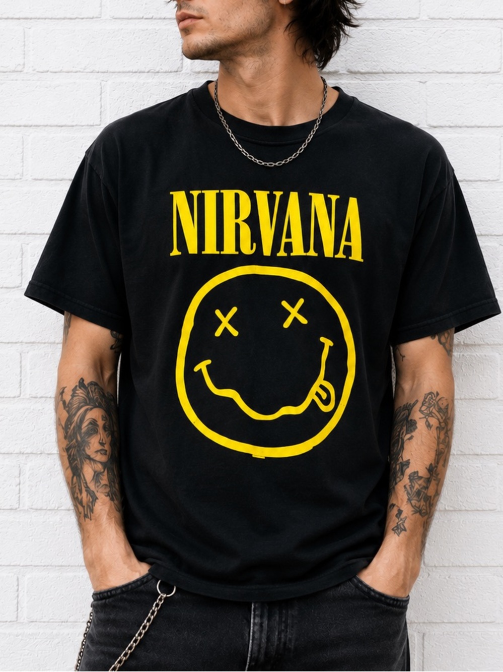 Nirvana Band Tee XL Black Smiley Face 90s Grunge Rock Graphic T-Shirt